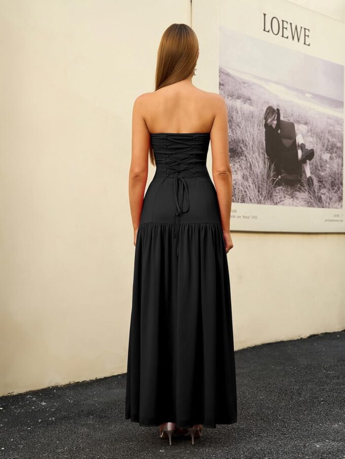 HTZMO Elegant Strapless Slit Maxi Dress Tie Back Wedding Gutst Formal Long Dresses for Women 2025 – Bild 3