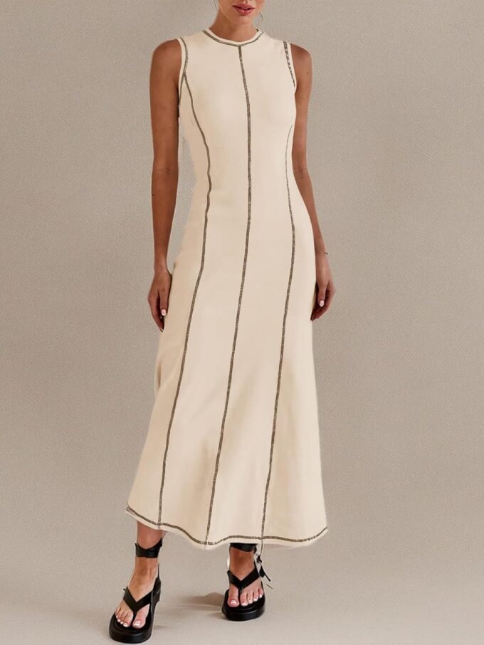 Wenrine Womens Sleeveless T Shirt Dress Summer Contrast Stitch Ribbed Knit Tank Maxi Dresses – Bild 6