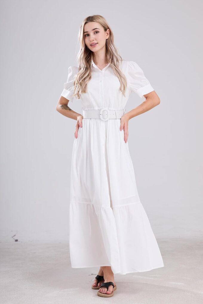 utcoco Womens Striped Button Down Shirt Dress Casual Puff Short Sleeve Ruffle Hem Maxi Dresses with Belt – Bild 2