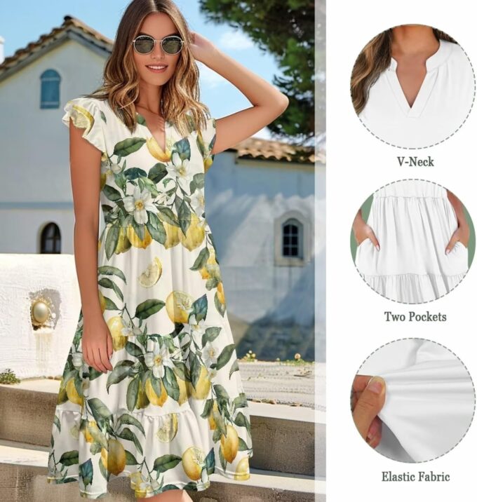 Womens Summer Dress Ruffle Sleeve V Neck Dress Casual Fit Flowy Beach Vacation Sundress with Pocket S-2XL – Bild 5