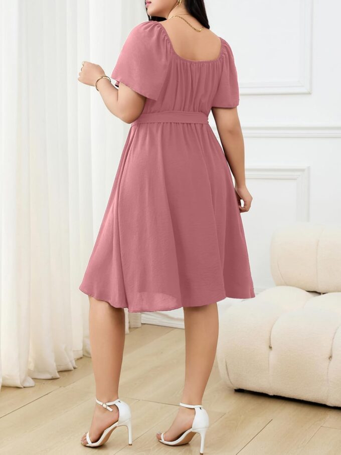 RWJ Plus Size Women Dress V Neck Short Sleeve Mini Formal Wedding Cocktail Party Dresses with Belt – Bild 3