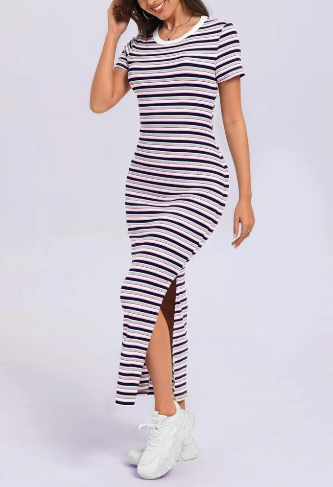 MEROKEETY Women's 2025 Summer Spring Striped Bodycon Maxi Dress Casual Short Sleeve Ribbed Knit Slit Long T Shirt Dresses – Bild 4