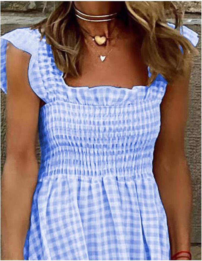 SOMTHRON Women's Square Neck Plaid Smocked Dress Ruffle Sleeveless Tiered Flowy A-Line Checkered Maxi Long Dress – Bild 3