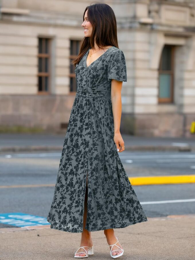 Simplee Women's Velvet Maxi Dress V Neck Short Sleeve Empire Waist Semi Formal Long Cocktail Dresses – Bild 4
