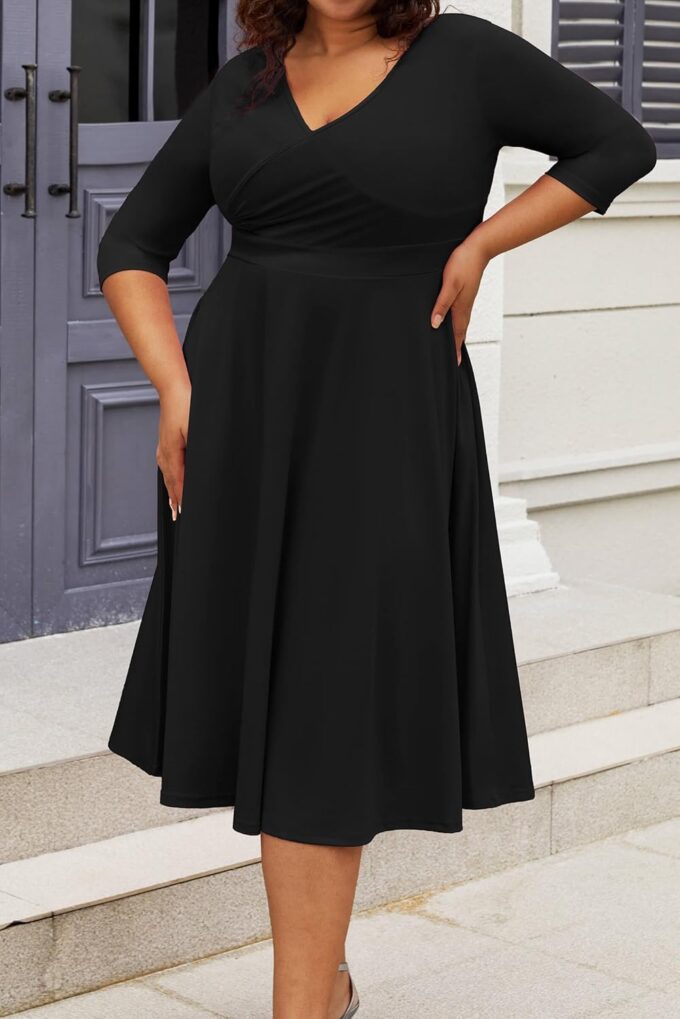 CLOCOR Women's Plus Size Midi Dress 3/4 Sleeve A-Line Swing Dress V Neck Flowy Casual Dresses – Bild 2