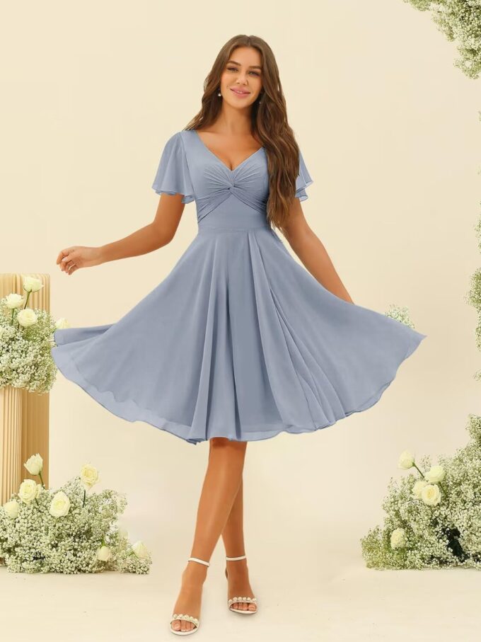 Miao Duo V Neck Short Dusty Blue Bridesmaid Dresses with Pockets Short Ruched Flutter Sleeves Chiffon Formal Dresses for Wedding 8 – Bild 5