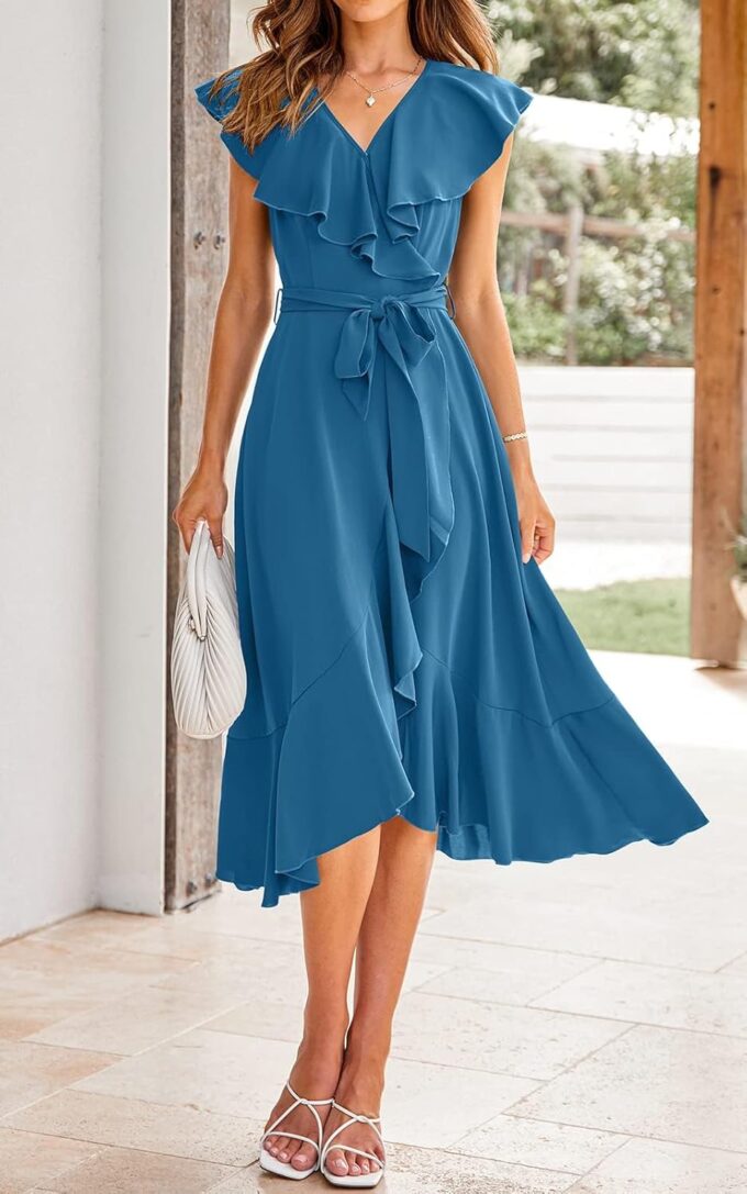PRETTYGARDEN Women's 2025 Summer Cross Midi Dress Casual Boho Deep V Neck Short Sleeve Ruffle Hem Split Beach Long Dresses – Bild 2
