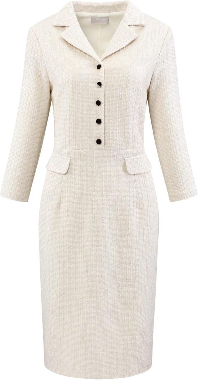 Hobemty Damenkleid mit 3/4-Ärmeln, Reverskragen, Button-Down-Etui, Tweed-Kleid