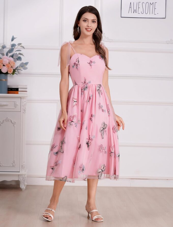 ODIZLI Butterfly Sleeve Dress for Women 1950s Retro Vintage Dress Sleeveless Tie Strap Embroidered Dress – Bild 2