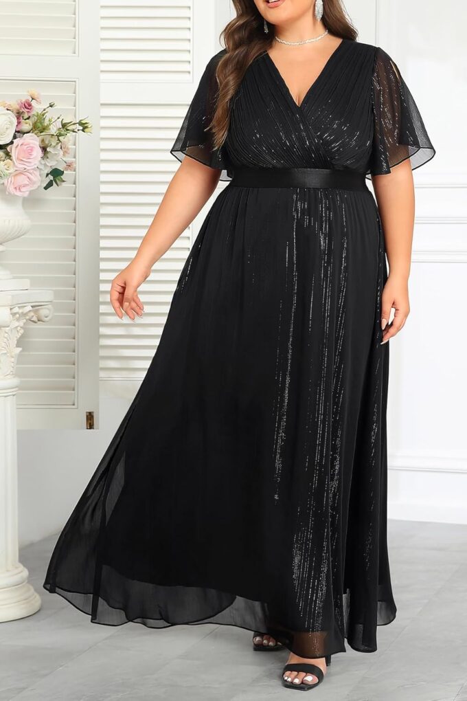 Plus Size Formal Dress - Chiffon V Neck Bridesmaid Wedding Guest Party Short Sleeve A-Line Floor Length Dresses – Bild 2