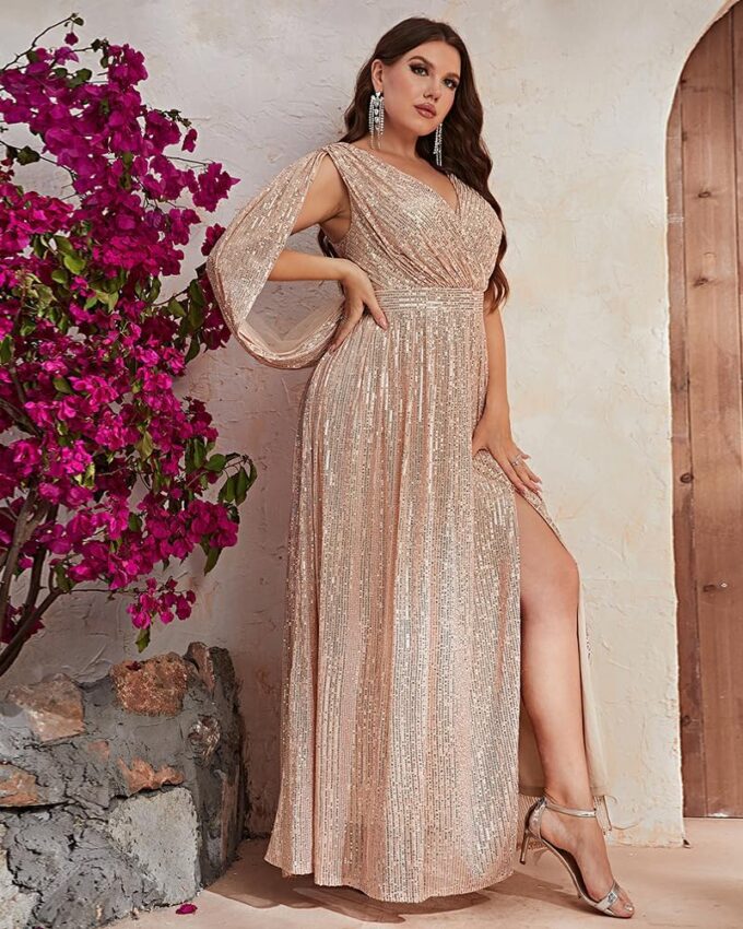 Women's Plus Size Flare Sleeve V Neck Side Split Sequin Formal Prom Dress – Bild 4