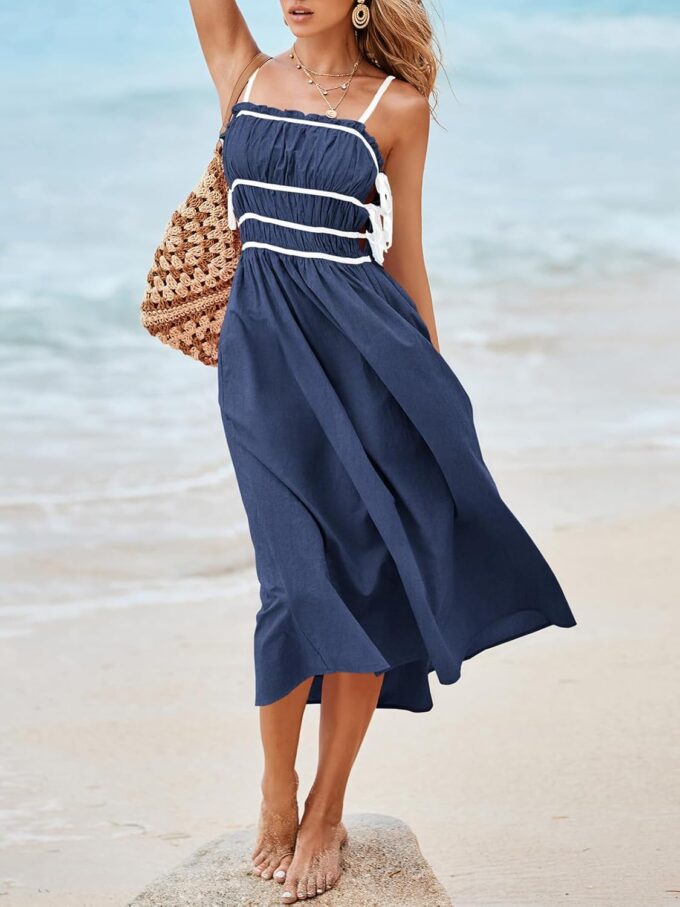Wenrine Women Summer Spaghetti Strap Dress Sleeveless Tie Smocked Sundress A Line Vacation Beach Midi Dresses – Bild 4