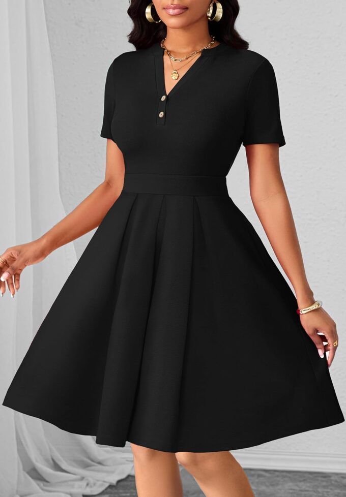 MarryUP Damen-Kleid, kurzärmelig, V-Ausschnitt, lässig, semi-formell, A-Linie, Arbeitskleid, Hochzeitsgäste, Cocktailkleider mit Taschen – Bild 5