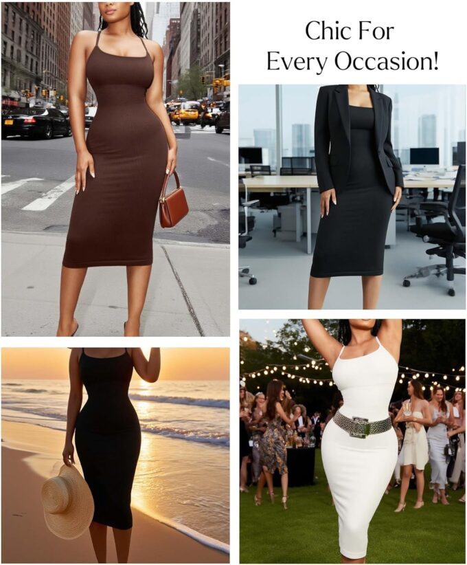 Tummy Control Dress for Women - Bodycon Slip Midi Dress with Built in Bra Date Night Spaghetti Strap Dresses Club Outfit – Bild 6
