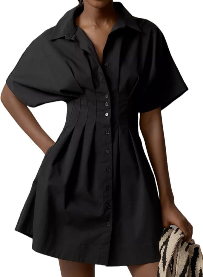 Summer Button Down Shirt Dress for Women Short Sleeve Pleated Mini Dresses Casual A Line Flowy Corset Short Dress