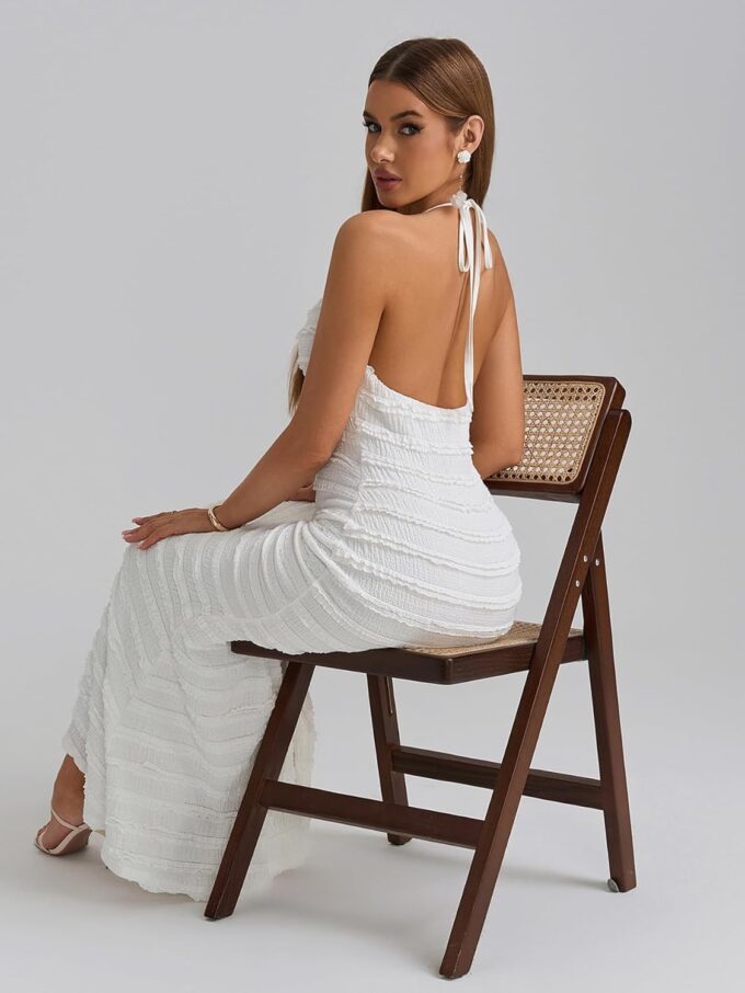 HTZMO Women Elegant Summer Casual Bodycon Maxi Dress Sexy V Neck Halter Ruffle Wedding Guest Formal Long Dresses – Bild 6