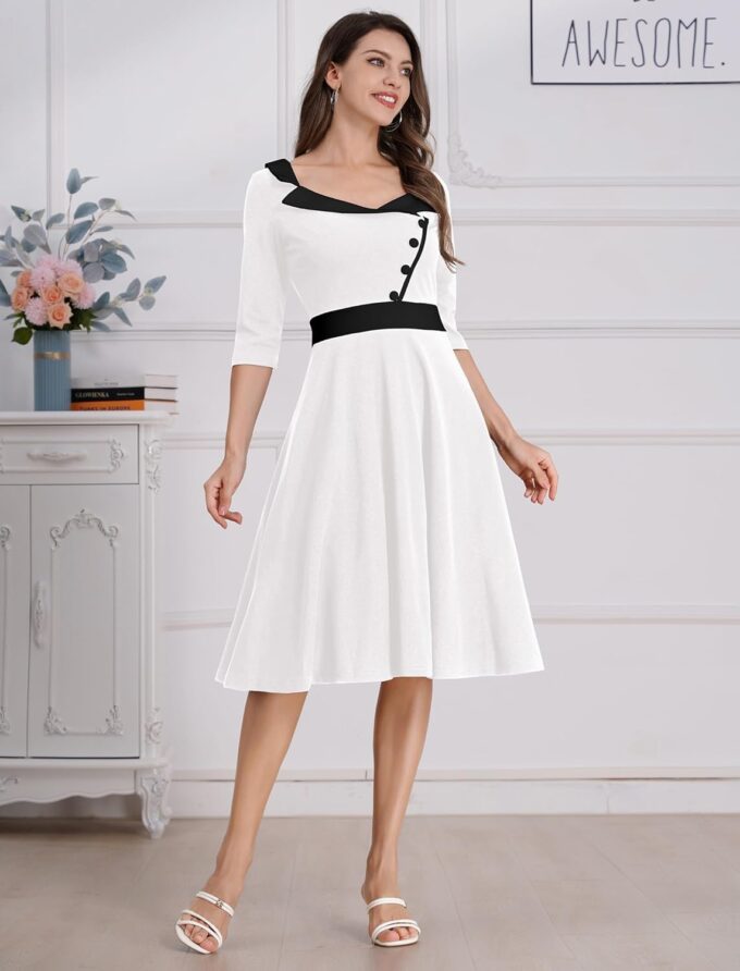 ODIZLI 1950s Dresses for Women Retro Dress 3/4 Sleeve Sweetheart Neckline Swing Midi Dress Cocktail Dress – Bild 4