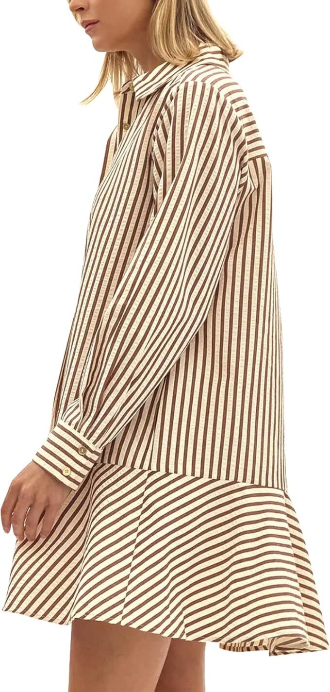 Womens Striped Shirt Mini Dress Long Sleeve Collared Ruffle Hem Button Up Tunic Flowy Swing Dresses – Bild 4
