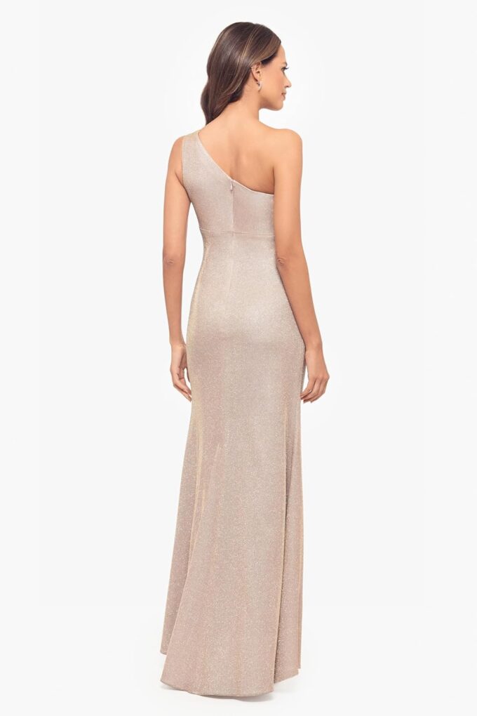 Betsy & Adam Women's Floor-Length, One-Shoulder, Glittered, with Floral Detail and Fitted Silhouette – Bild 3