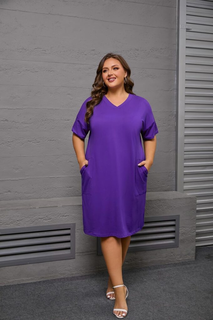 YeGine Women's Plus Size Casual Midi Dresses Short Sleeve T Shirt Dress with Pockets – Bild 2