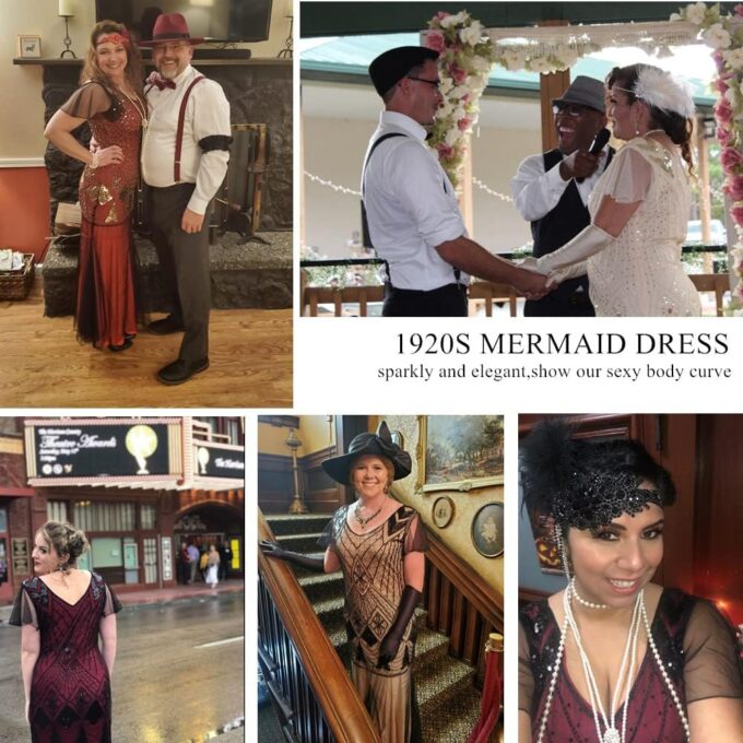Women Evening Dress 1920s Flapper Cocktail Mermaid Plus Size Formal Gown with Long Gloves – Bild 5