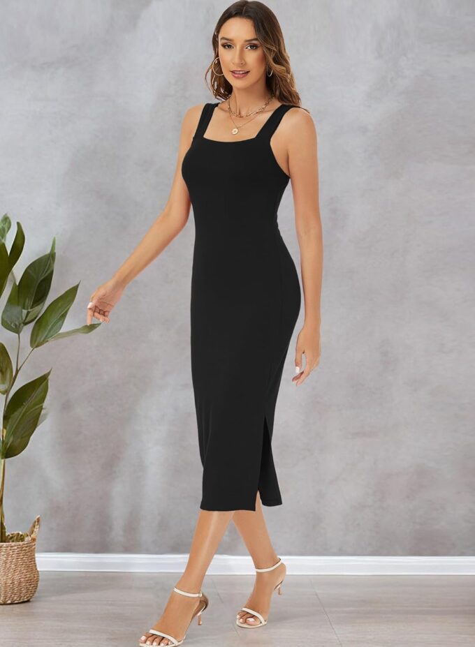 RANPHEE Womens Summer Sleeveless Bodycon Midi Dress Square Neck Side Slit Tank Casual Party Dresses – Bild 3