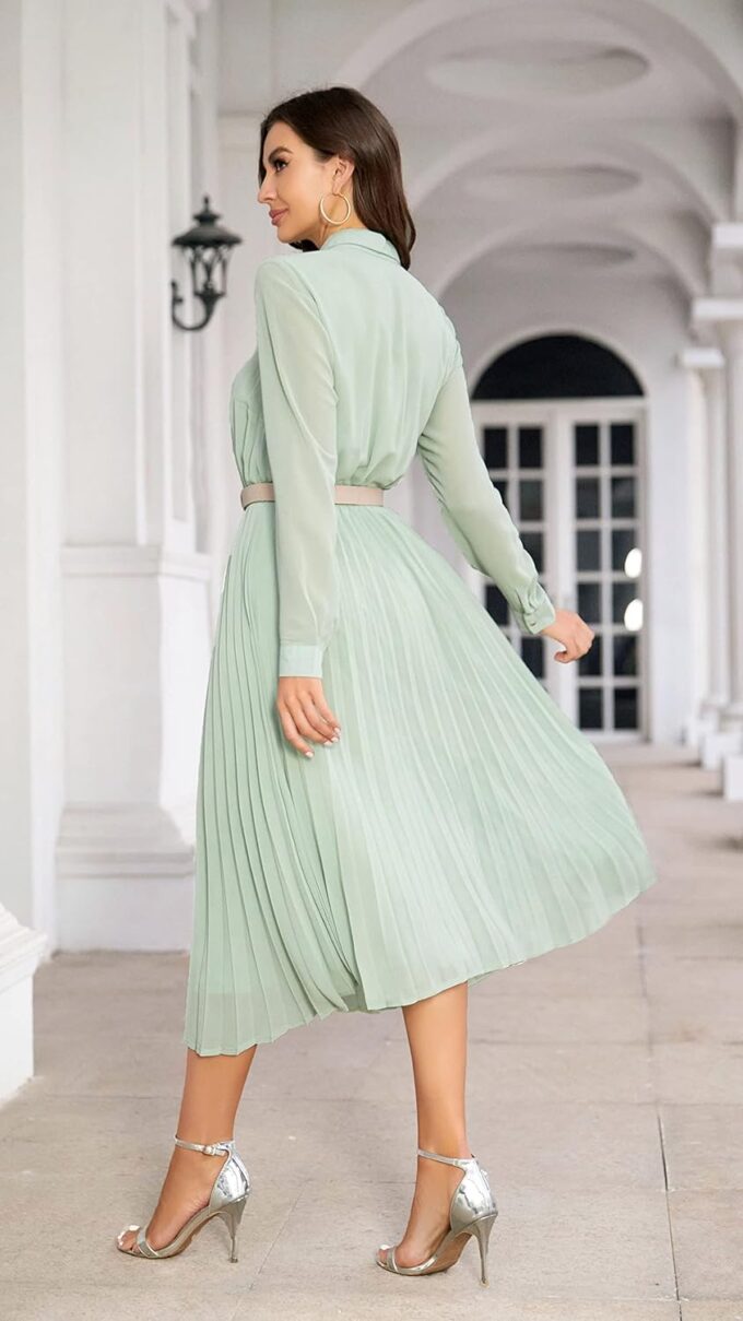 Business Casual Shirt Dress for Women Long Sleeves Pleated Midi Dresses with Belt – Bild 2