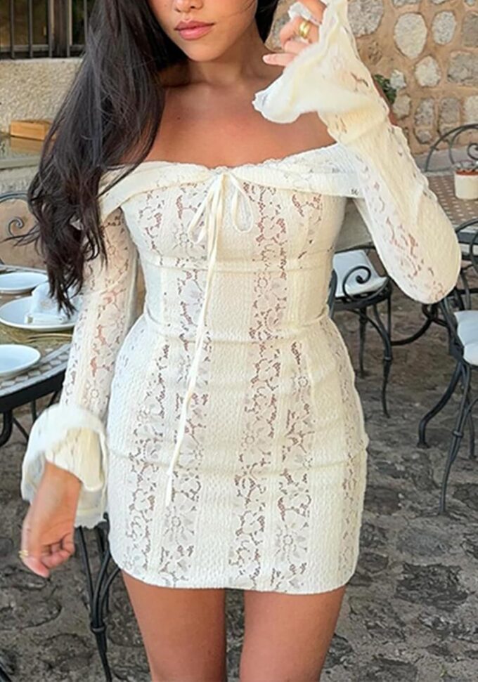 Women Elegant Off Shoulder Lace Bodycon Maxi Dress Bell Sleeve Mesh Sheer Mermaid Wedding Party Dress – Bild 2