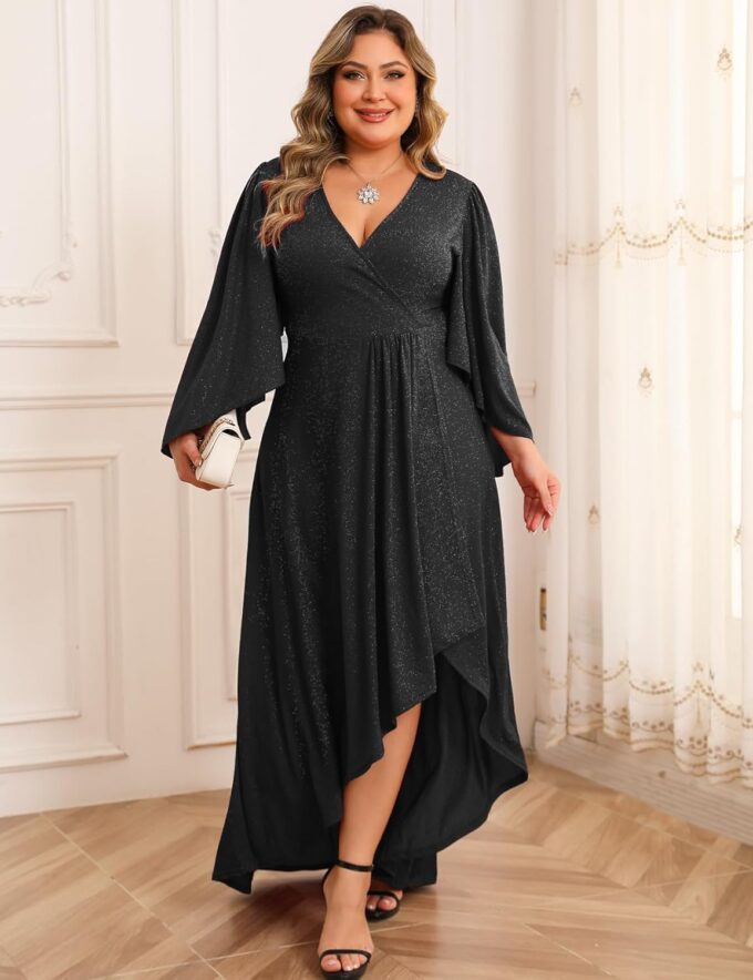 ZOMVA Plus Size 0X-4X Sparkly Glitter Formal Maxi A Line Dress Sparkle Wrap Handkerchief Sleeve Prom Cocktail Evening Gown – Bild 4