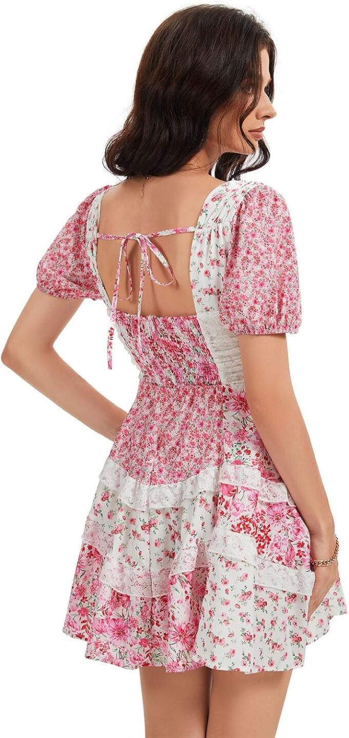 hibshaby Women's Floral Patchwork Dress V Neck Lace Layered Ruffle Flowy Babydoll Dress Puff Sleeve Tiered Mini Sundress – Bild 2