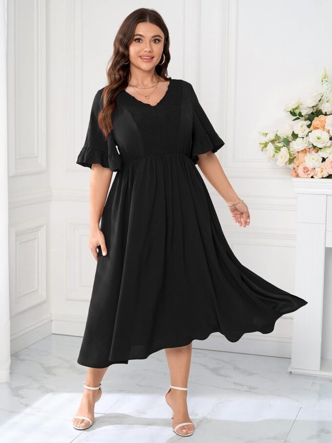 SCOMCHIC Women's Plus Size Wedding Guest Dress Smocked V Neck Short Ruffle Sleeve Split Flowy Summer Cocktail Dresses – Bild 4