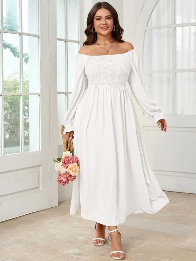Women's Plus Size Maxi Dress Long Sleeve Square Neck Smocked Flowy A-Line Boho Wedding Party Maxi Dress – Bild 3