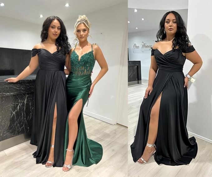 Women's Off The Shoulder Bridesmaid Dresses with Slit Satin Formal Gowns Long Prom Evening Party Dress with Pockets – Bild 4