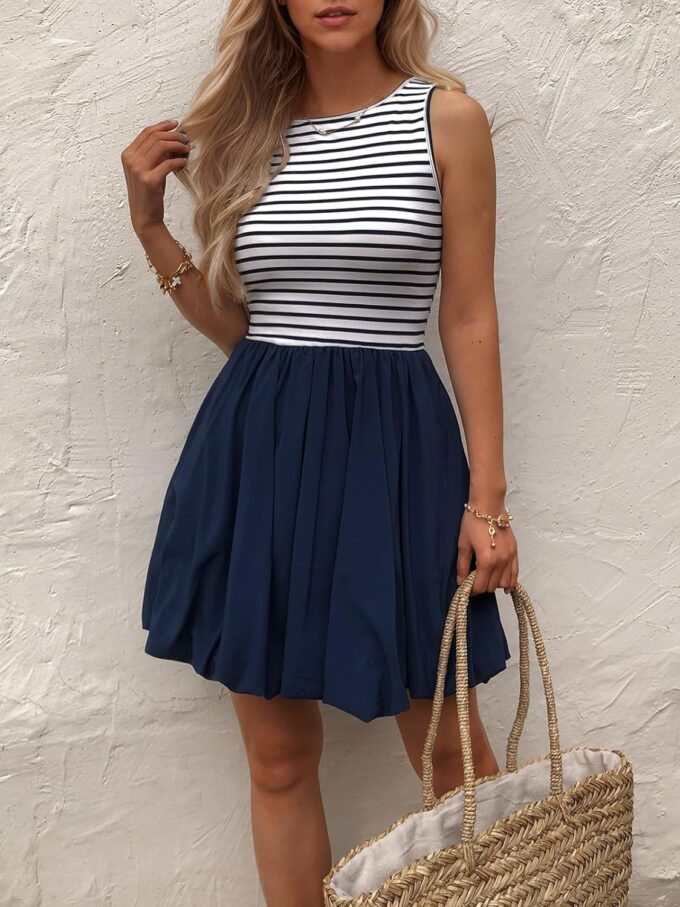 Women's Casual Bubble Mini Dress with Pockets Sleeveless Bubble Hem Striped Tank Short Dresses Summer – Bild 2