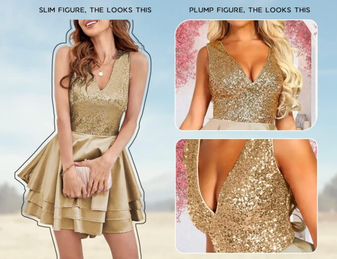 Lrady Women's Sequin Glitter V Neck Skater Mini Club Cocktail Party Swing Dress – Bild 3