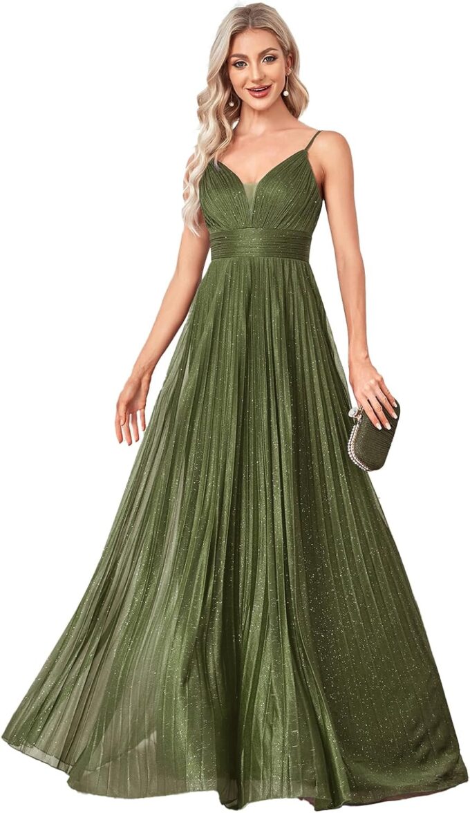 Sexy Backless Maxi Formal Dress for Women with Sequin, Sleeveless Pleated Evening Gowns for Wedding and Cocktail