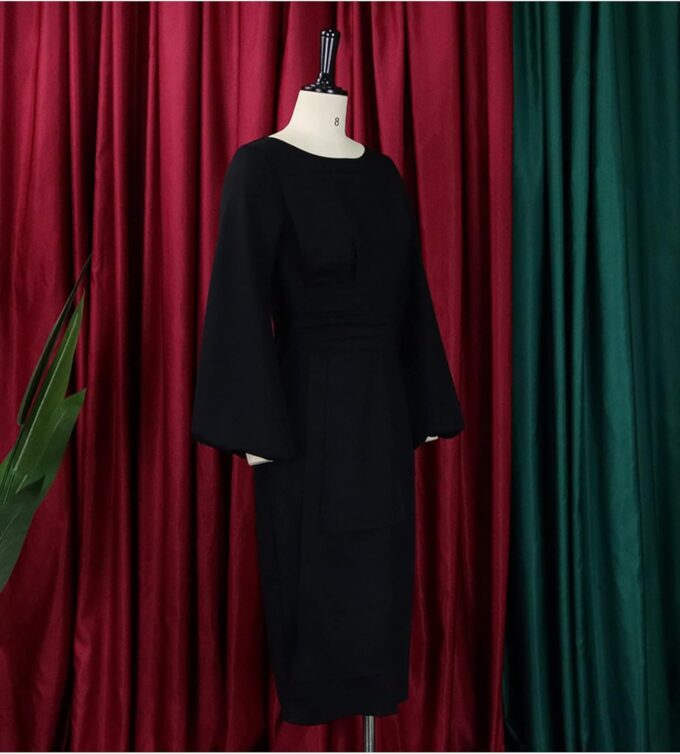 ECDAHICC Elegantes Damenkleid, formell, Übergröße, Puffärmel, Rundhalsausschnitt, Patchwork, figurbetontes Business-Bleistift-Midikleid – Bild 3