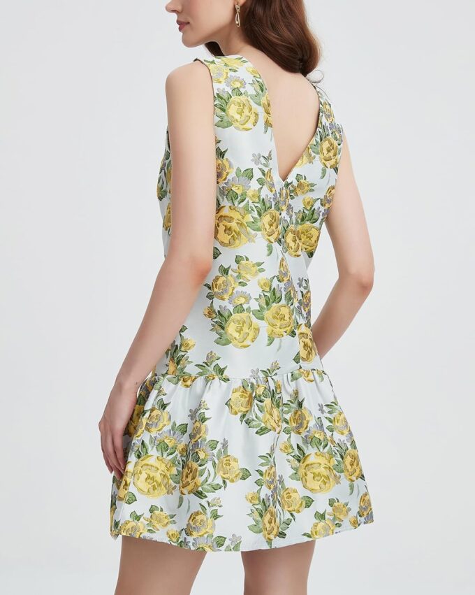 Women's Floral Jacquard Mini Dress Crewneck Sleeveless Open Back Ruffle Hem Cocktail Party Dress – Bild 2
