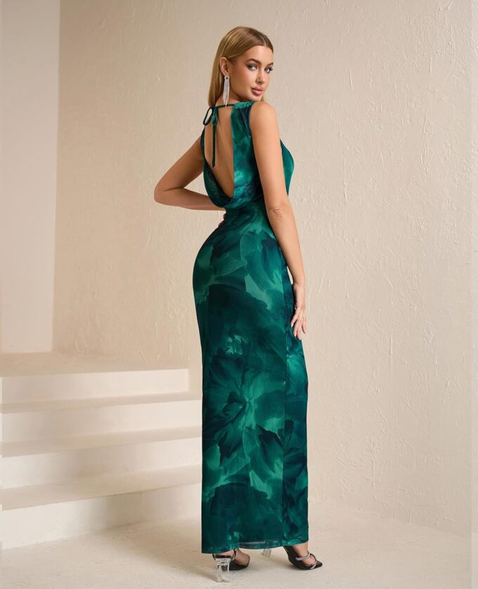 XinFSh Women's Summer Floral Maxi Dress Backless Mesh Bodycon Formal Long Wedding Guest Cocktail Dresses – Bild 6