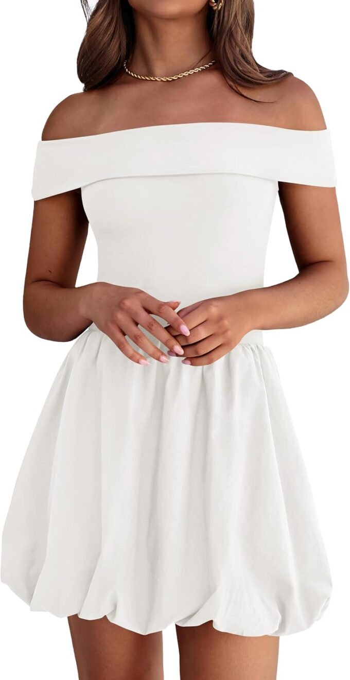 PRETTYGARDEN Women Summer Sexy Off Shoulder Bubble Dress 2025 Knit and Woven Cocktail Party Mini Dresses with Pockets