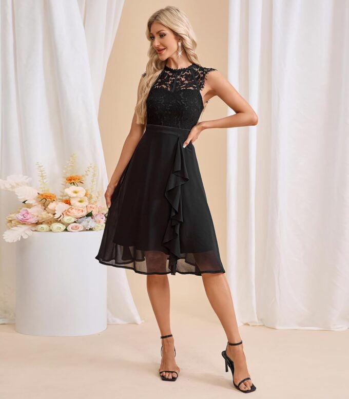 Cololura Women Elegant Sexy Sleeveless Lace Floral Patchwork Ruffle Hem Formal Party A-Line Cocktail Midi Dress – Bild 3
