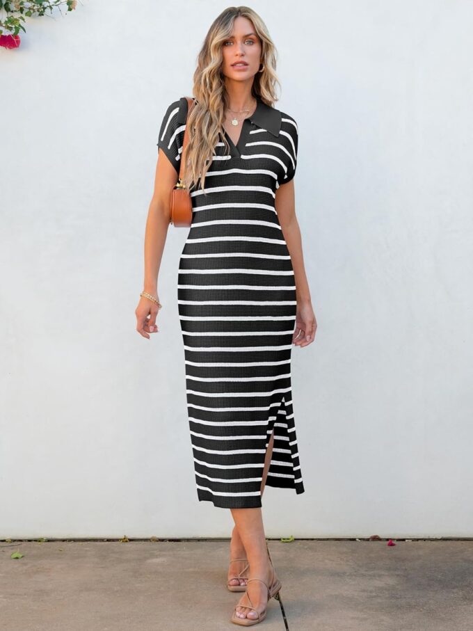 ANRABESS Women's Summer Striped Midi Dress 2025 Casual Short Sleeve V Neck Loose Knitted Side Slit Long Beach Dresses – Bild 2