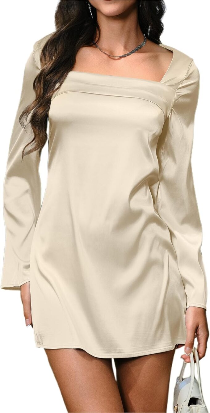 HYPERFIRE Women's Elegant Sqaure Neck Satin Long Sleeve Mini Dress Wedding Cocktail Dresses