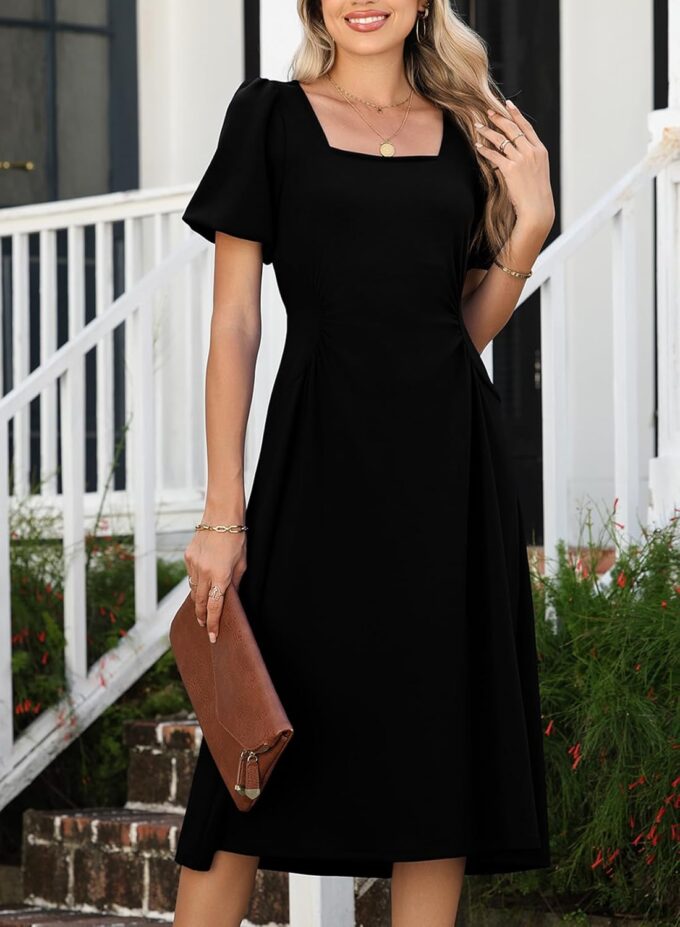 Happy Sailed Women's Summer Short Sleeve Square Neck Ruched Waist Flowy A Line Midi Cocktail Party Dress – Bild 4