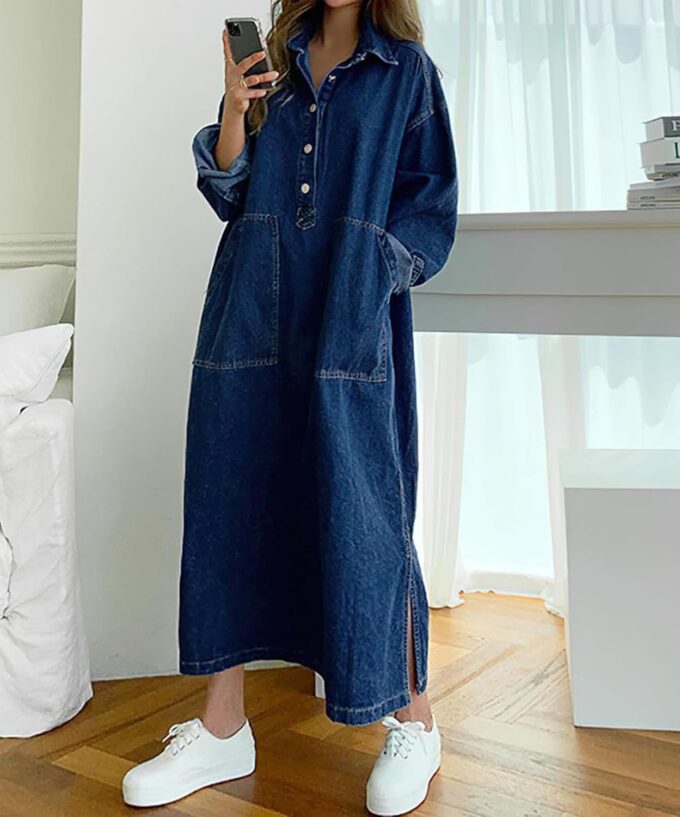 Womens Spring Fall Long Sleeve Denim Maxi Shirt Dress with Split – Bild 3