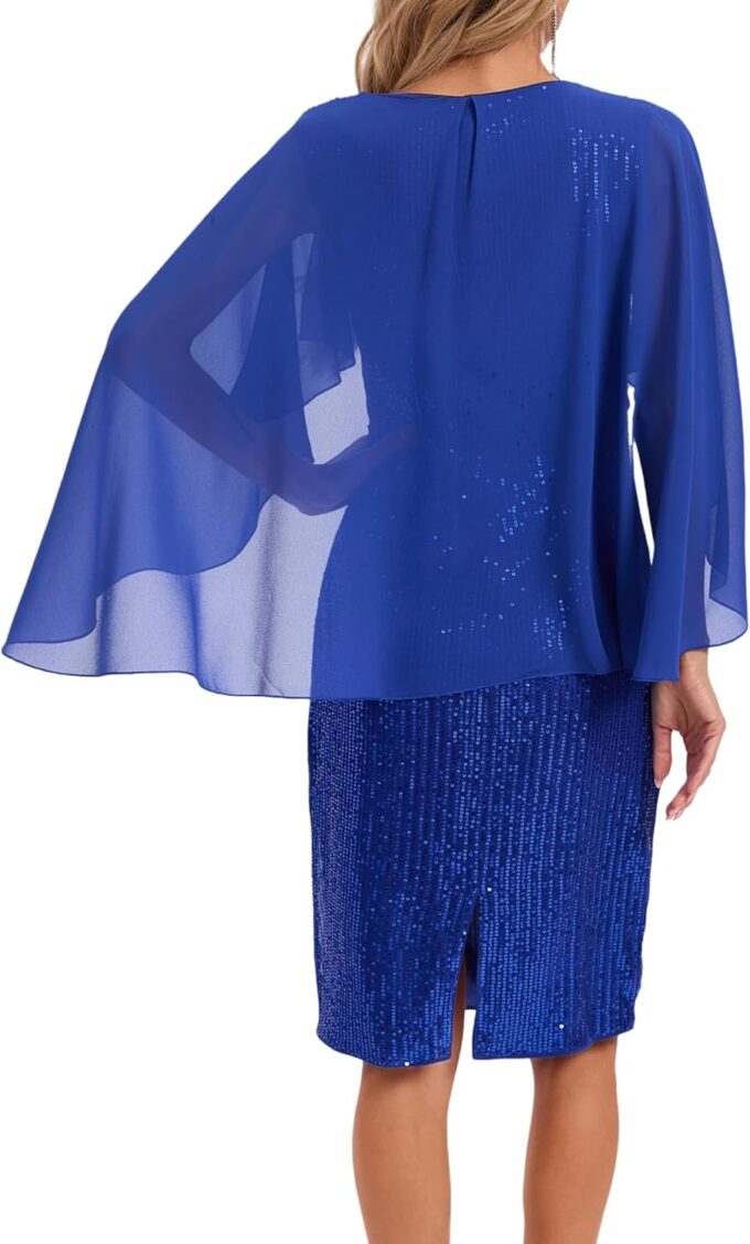 Womens Sequin Cocktail Party Dress Elegance Chiffon Midi Dresses Cape Sleeve Bodycon Dress with Ruffle Asymmetrical Over – Bild 2