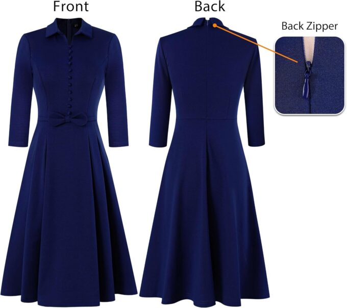 VFSHOW Damen 2024 Business Arbeit Büro Kragen V-Ausschnitt Schleife Gürtel Taschen Knöpfe Slim Vintage Fit und Flare A-Linie Kleid – Bild 5