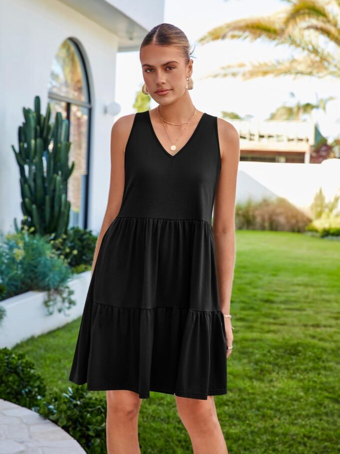 Womens Summer Dresses V Neck Tank Tiered Flowy Mini A Line Casual Sundress with Pockets – Bild 2