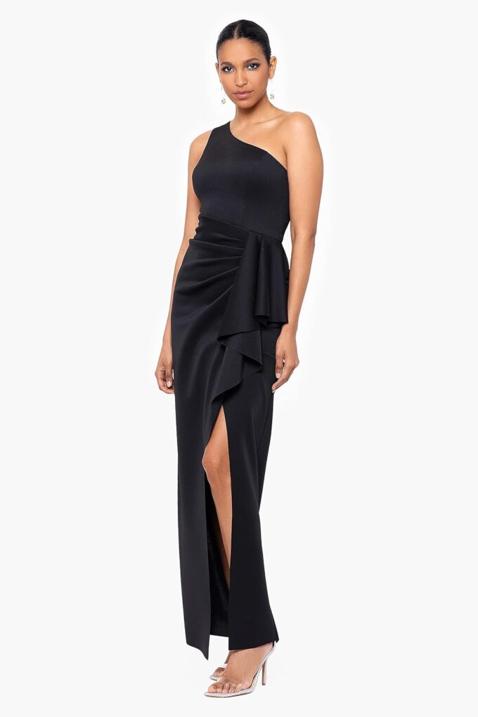 Xscape Women's Long Stretch Scuba Sleeveless One Shoulder Side Ruffle Dress – Bild 3