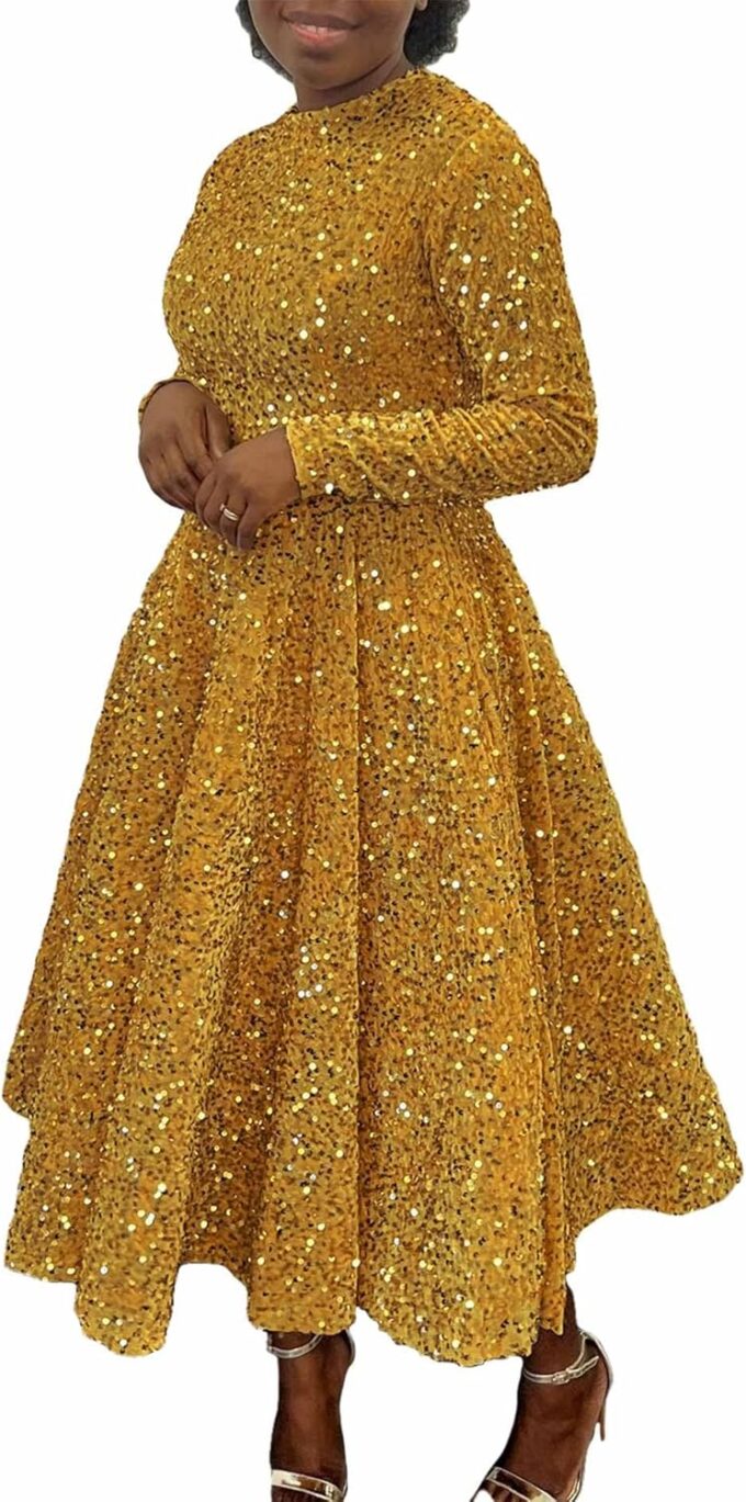 SOMTHRON Women's Sequin Dress Plus Size Long Sleeve A-Line Flared Party Cocktail Sparkle Glitter Evening Shiny Maxi Dress